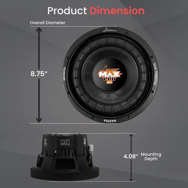 Alt view image 2 of 7 - 8 inch Car Subwoofer Speaker - Black Non-Pressed Paper Cone, Aluminum Voice Coil, 4 Ohm Impedance, 800 Watt Power and Foam Edge Suspension for Vehicle Audio Stereo Sound System - MAXP84
