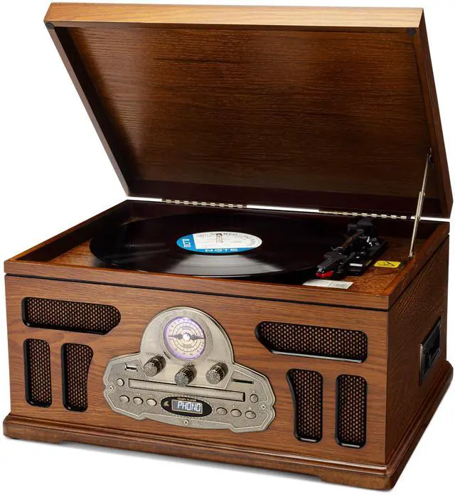 Main image of All-in-One Turntable with 3-Speed Record Player, Bluetooth, CD, Cassette Tape, AM/FM Radio, USB, Built-in Speakers, Handmade Wooden Exterior