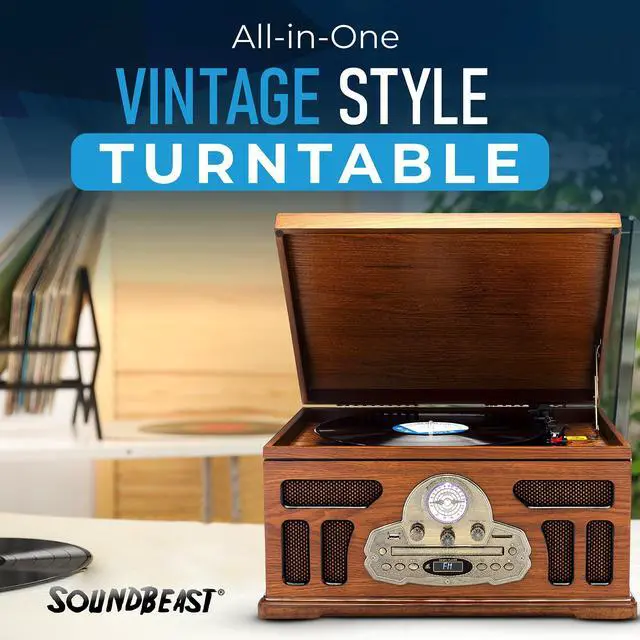 Alt view image 2 of 5 - All-in-One Turntable with 3-Speed Record Player, Bluetooth, CD, Cassette Tape, AM/FM Radio, USB, Built-in Speakers, Handmade Wooden Exterior