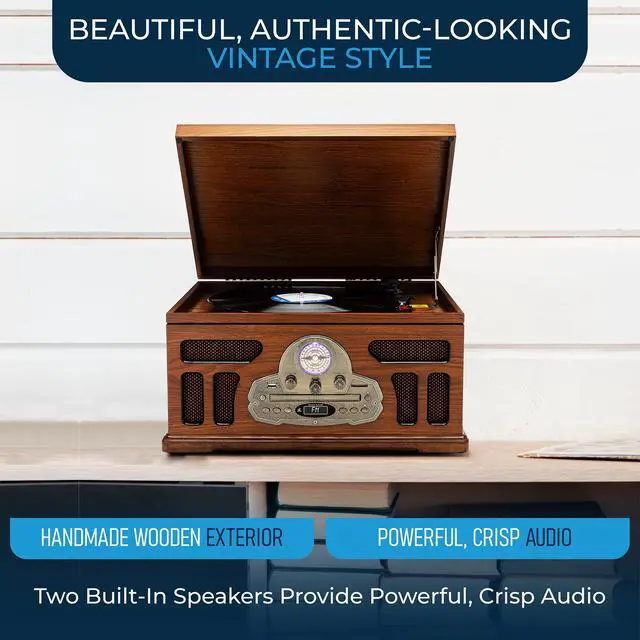 Alt view image 3 of 5 - All-in-One Turntable with 3-Speed Record Player, Bluetooth, CD, Cassette Tape, AM/FM Radio, USB, Built-in Speakers, Handmade Wooden Exterior