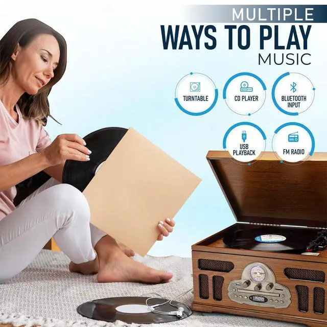 Alt view image 4 of 5 - All-in-One Turntable with 3-Speed Record Player, Bluetooth, CD, Cassette Tape, AM/FM Radio, USB, Built-in Speakers, Handmade Wooden Exterior