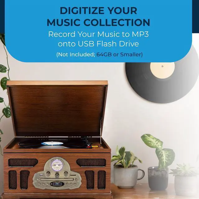 Alt view image 5 of 5 - All-in-One Turntable with 3-Speed Record Player, Bluetooth, CD, Cassette Tape, AM/FM Radio, USB, Built-in Speakers, Handmade Wooden Exterior