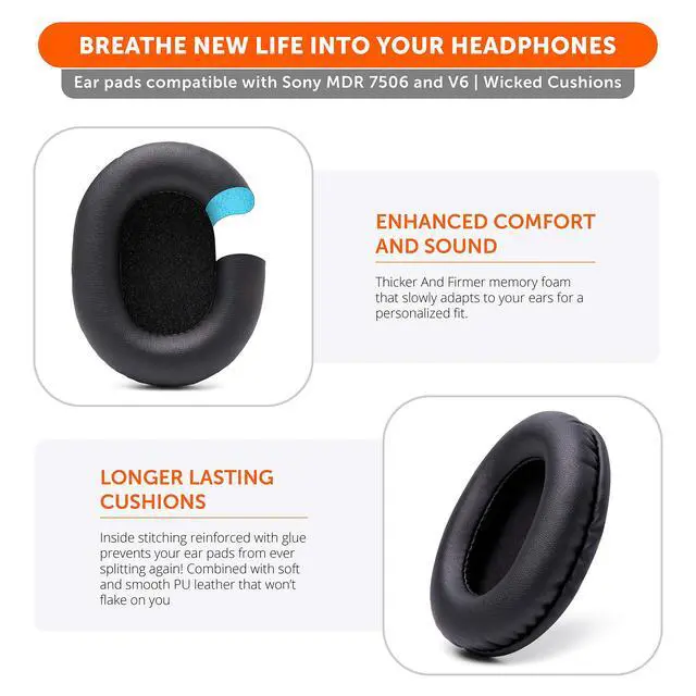 Alt view image 5 of 7 - Wicked Cushions Replacement Ear Pads for Sony MDR 7506 | Softer Leather, Luxurious Memory Foam, Unmatched Durability | Compatible with MDR 7506 / MDR V6 / MDR CD900ST | (PU Leather)