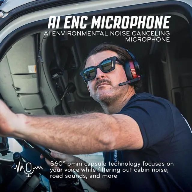 Alt view image 3 of 7 - RW3 Bluetooth Trucker Headset - 105dB 40mm Speaker AI ENC Mic | Noise Cancelling, 50+ Hour Battery Life, 180ft Wireless Range, ANC Audio, IP54 Rugged with Voice Control, Over-Ear Fit