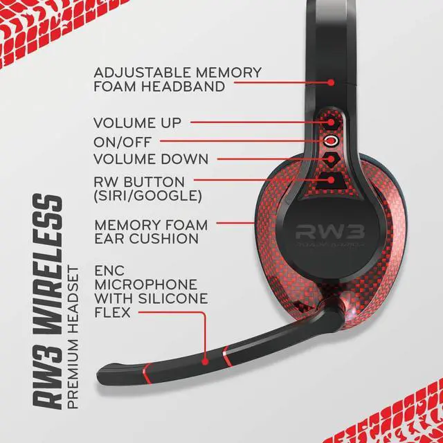 Alt view image 5 of 7 - RW3 Bluetooth Trucker Headset - 105dB 40mm Speaker AI ENC Mic | Noise Cancelling, 50+ Hour Battery Life, 180ft Wireless Range, ANC Audio, IP54 Rugged with Voice Control, Over-Ear Fit