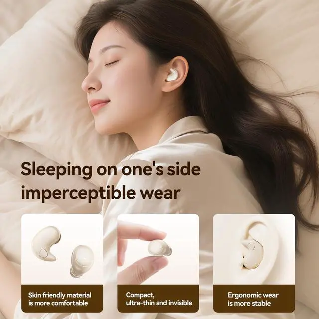 Alt view image 3 of 7 - Flat Sleep Earbuds for Side Sleepers, Invisible Mini Earbuds for Small Ear Canals, Bluetooth 5.4, 66H Battery, Noise Blocking, Waterproof, LED Display for Sleep, Work & Travel(Black)
