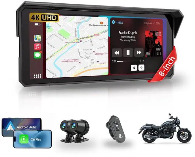 Main image of 8.1 Inch Motorcycle CarPlay Screen Android Auto Largest Waterproof GPS Navigation System Pantalla para Moto, Carplay for Motorcycle with Dual 4K Dash Cam Bluetooth Audio