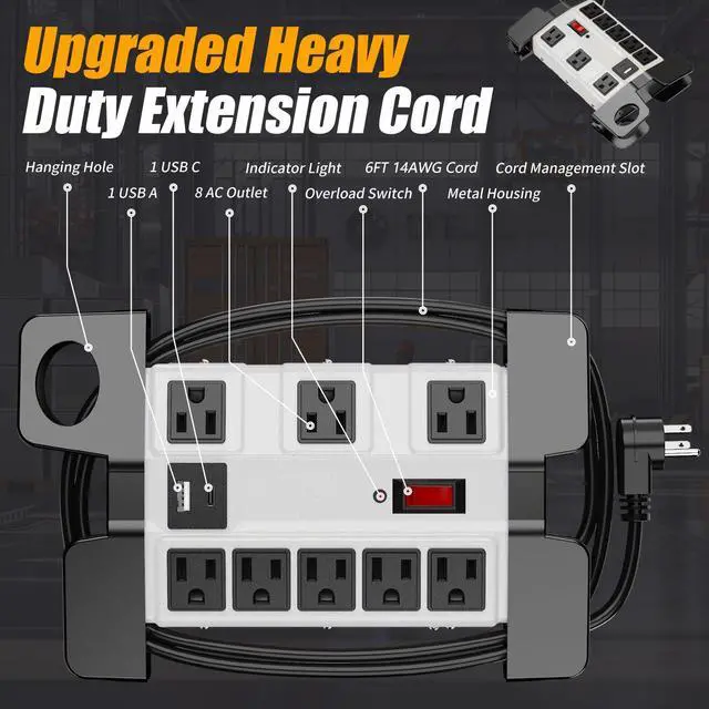 Alt view image 3 of 6 - Heavy Duty Power Strip with USB 6FT, 2000 Joules, 15A/1875W | 8 Outlets, Metal Surge Protector Power Strip, Wide Spaced, Wall Mount, Extension Cord with Flat Plug for Workshop Garage Shop