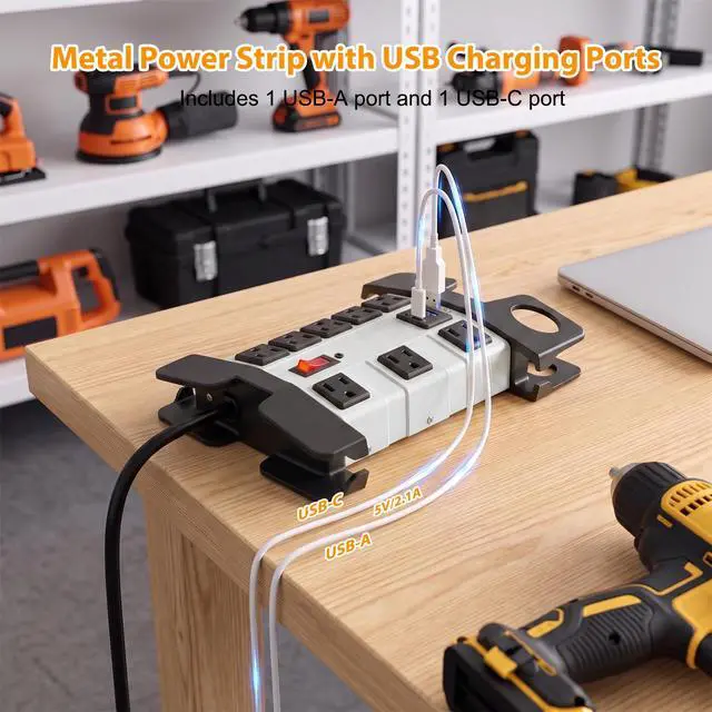 Alt view image 2 of 6 - Heavy Duty Power Strip with USB 6FT, 2000 Joules, 15A/1875W | 8 Outlets, Metal Surge Protector Power Strip, Wide Spaced, Wall Mount, Extension Cord with Flat Plug for Workshop Garage Shop