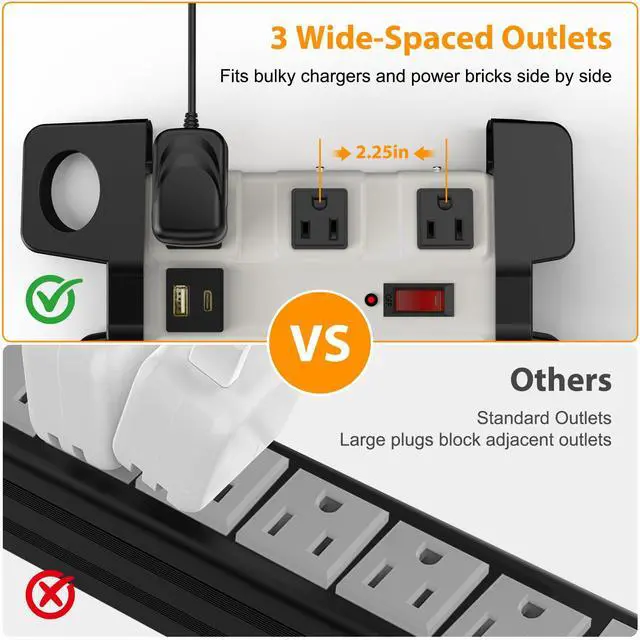 Alt view image 5 of 6 - Heavy Duty Power Strip with USB 6FT, 2000 Joules, 15A/1875W | 8 Outlets, Metal Surge Protector Power Strip, Wide Spaced, Wall Mount, Extension Cord with Flat Plug for Workshop Garage Shop