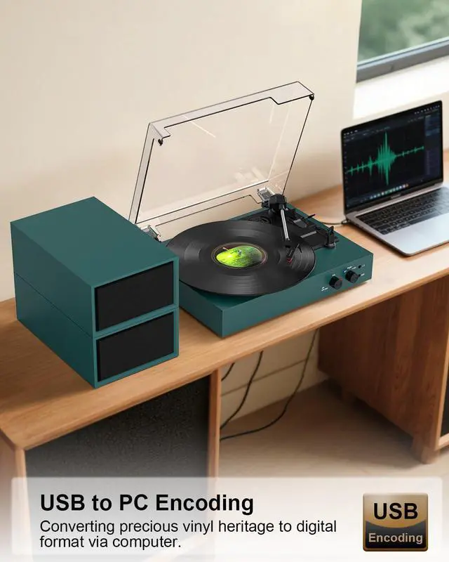 Alt view image 2 of 7 - Retro Bluetooth Record Player with External Speakers, 3-Speed Belt-Drive Turntable, USB to PC Recording, AUX & RCA Output, Auto Stop, Vintage Vinyl Player with Modern Design, Green