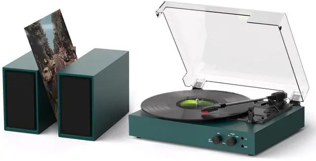 Main image of Retro Bluetooth Record Player with External Speakers, 3-Speed Belt-Drive Turntable, USB to PC Recording, AUX & RCA Output, Auto Stop, Vintage Vinyl Player with Modern Design, Green