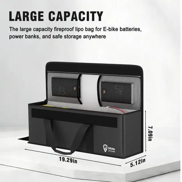 Alt view image 4 of 7 - E-Bike Battery Safe Bag Explosionproof, Lipo Bag,19.3 x 5.1 x 7in | Fireproof, Large Capacity,Lipo Battery Charging Safe Bag, Silicone Coated Fireproof Storage Bag, 2 Mesh Bag,Reflective Strip