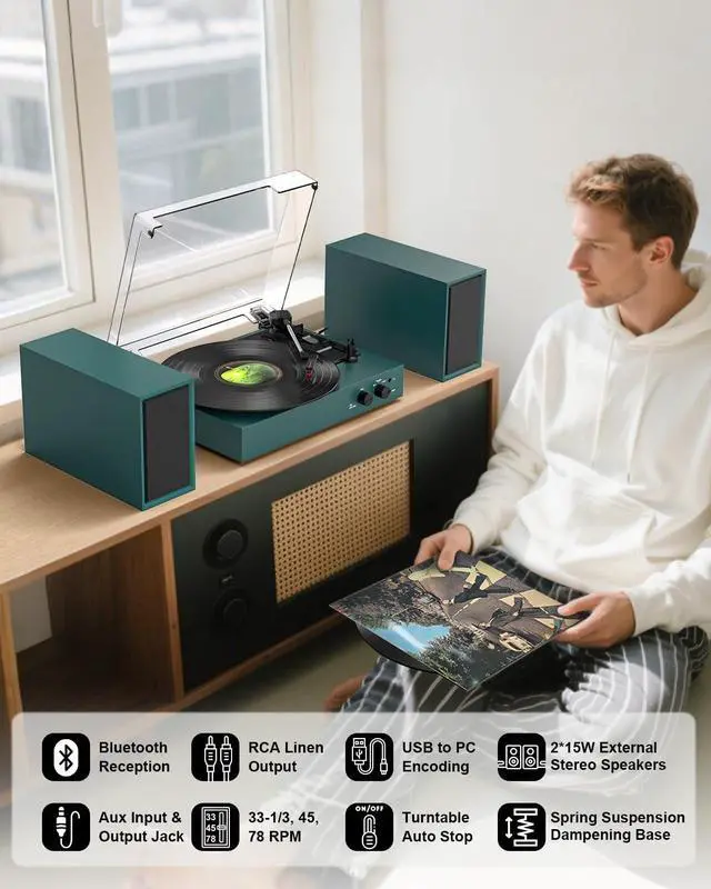 Alt view image 4 of 7 - Retro Bluetooth Record Player with External Speakers, 3-Speed Belt-Drive Turntable, USB to PC Recording, AUX & RCA Output, Auto Stop, Vintage Vinyl Player with Modern Design, Green