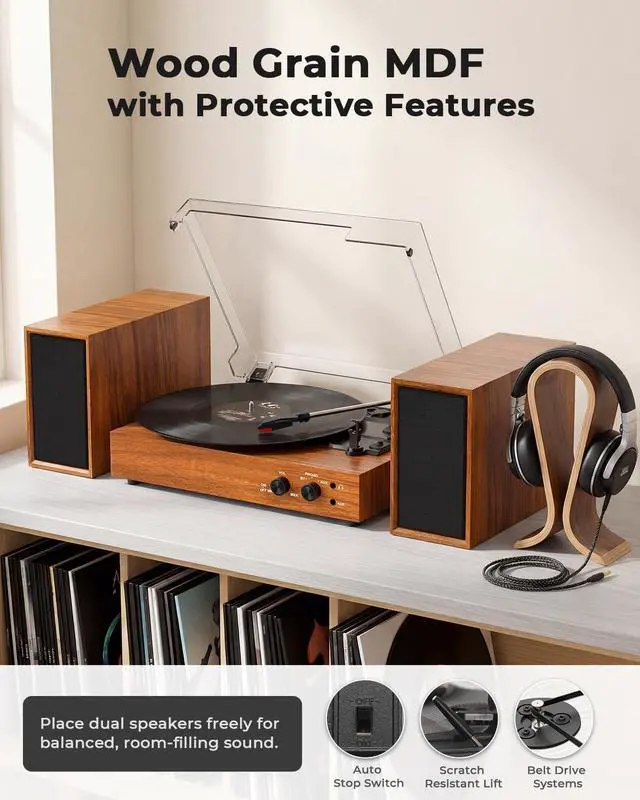 Alt view image 5 of 7 - Retro Bluetooth Record Player with External Speakers, 3-Speed Belt-Drive Turntable, USB to PC Recording, AUX & RCA Output, Auto Stop, Vintage Vinyl Player with Modern Design, Green