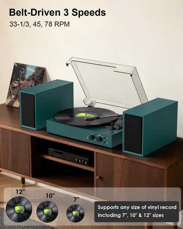 Alt view image 6 of 7 - Retro Bluetooth Record Player with External Speakers, 3-Speed Belt-Drive Turntable, USB to PC Recording, AUX & RCA Output, Auto Stop, Vintage Vinyl Player with Modern Design, Green