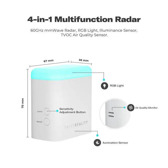 Alt view image 2 of 7 - Smart Presence Sensor R3, 60GHz mmWave Radar, USB-C Powered, RGB Light with Status Indication, Illumination Sensor, Zigbee Repeater, Compatible with Home Assistant(ZHA&Z2M), SmartThings