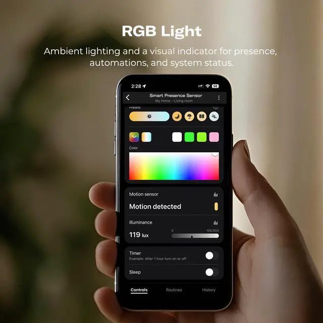Alt view image 5 of 7 - Smart Presence Sensor R3, 60GHz mmWave Radar, USB-C Powered, RGB Light with Status Indication, Illumination Sensor, Zigbee Repeater, Compatible with Home Assistant(ZHA&Z2M), SmartThings