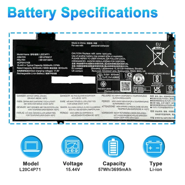 Alt view image 2 of 7 - L20C4P71 L20M4P71 Battery for Lenovo ThinkPad X1 Carbon 9th 10th 11th Gen for Lenovo ThinkPad X1 Yoga 6th 7th 8th Gen 2021 Series SB10T83216 SB10T83217 5B10W13974 L20L4P71 L20D4P71 15.44V 57Wh