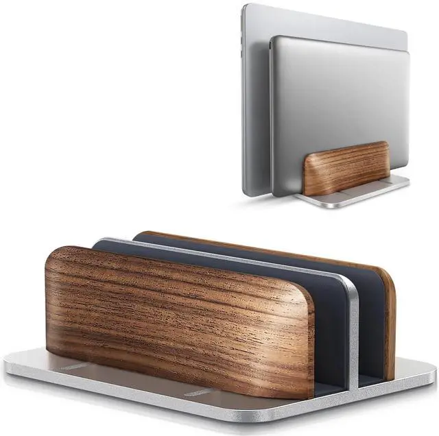 Main image of Vertical Laptop Stand, Dual Slot Wooden + Aluminum Laptop Holder | Desktop Adjustable MacBook Stand, Adjustable Base, for MacBook Pro/Air, (up to 17.3-inch All laptops)