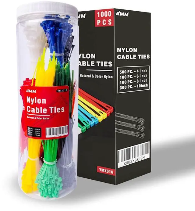 Main image of Cable Zip Ties1000 Pack colored zip ties Assorted Sizes 4, 6, 8 and 10 inches with a plastic storage jarMulti-Purpose Self-Locking Nylon Cable Ties Cord Management Ties,Wire Ties for Home,Office