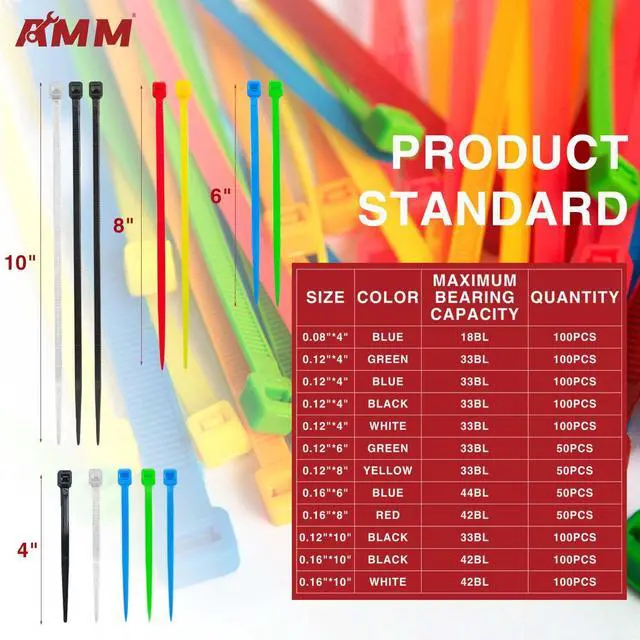 Alt view image 2 of 7 - Cable Zip Ties1000 Pack colored zip ties Assorted Sizes 4, 6, 8 and 10 inches with a plastic storage jarMulti-Purpose Self-Locking Nylon Cable Ties Cord Management Ties,Wire Ties for Home,Office