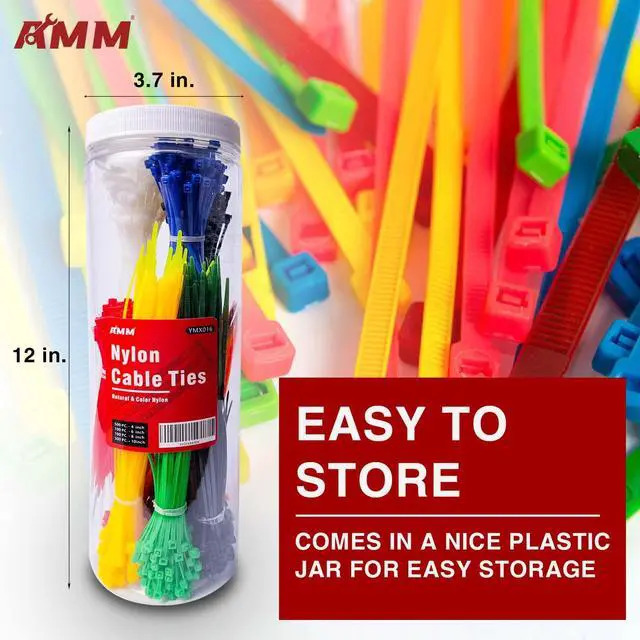 Alt view image 4 of 7 - Cable Zip Ties1000 Pack colored zip ties Assorted Sizes 4, 6, 8 and 10 inches with a plastic storage jarMulti-Purpose Self-Locking Nylon Cable Ties Cord Management Ties,Wire Ties for Home,Office