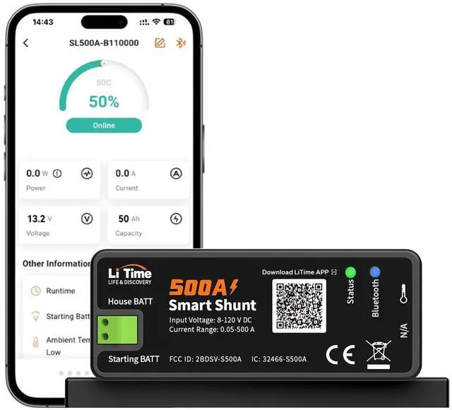 Main image of 500A Smart Shunt, Bluetooth Battery Monitor Range 8V-120V, SOC, Alarm Alerts, History Records, App Monitoring for Lithium, LFP, AGM, Gel Batteries, Ideal for RV/Marine/Solar Home Storage