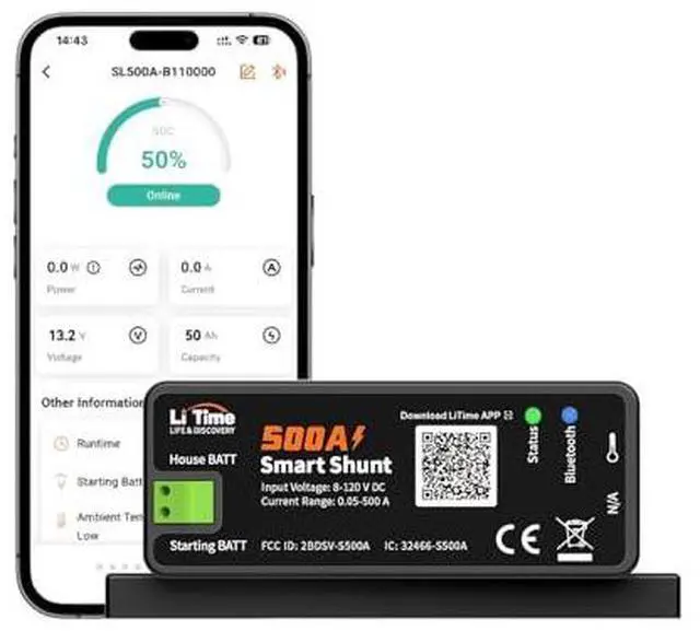 Alt view image 2 of 7 - 500A Smart Shunt, Bluetooth Battery Monitor Range 8V-120V, SOC, Alarm Alerts, History Records, App Monitoring for Lithium, LFP, AGM, Gel Batteries, Ideal for RV/Marine/Solar Home Storage