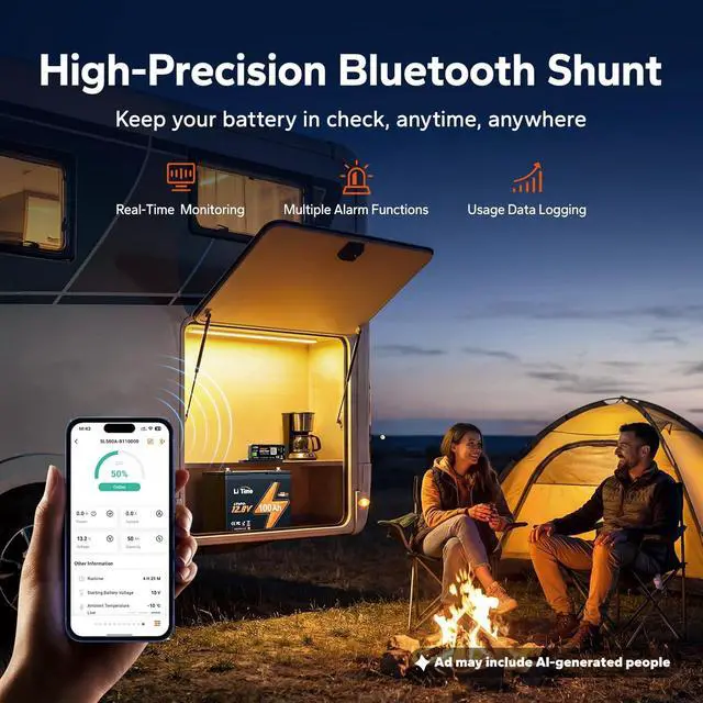Alt view image 3 of 7 - 500A Smart Shunt, Bluetooth Battery Monitor Range 8V-120V, SOC, Alarm Alerts, History Records, App Monitoring for Lithium, LFP, AGM, Gel Batteries, Ideal for RV/Marine/Solar Home Storage