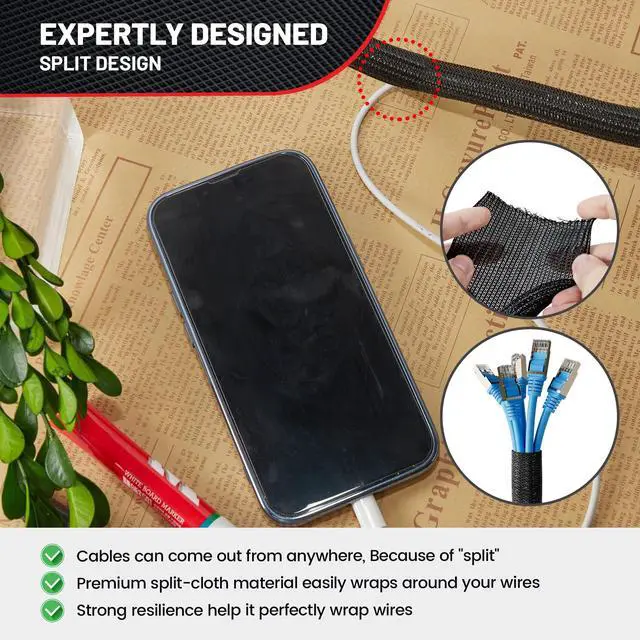 Alt view image 2 of 7 - 1/4 x 10FT Cable Sleeves Cord Management Braided Wire Loom Sleeving Protector Wiring Cable Cover Flexible Self-Wrap for Automotive Home Office Anti-Scratch High-Temperature Black