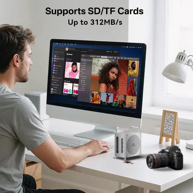 Alt view image 7 of 7 - 40Gbps Mac mini M4 Dock & Stand with Dual-Bay NVMe SSD Enclosure | 11-in-1 Docking Station for Mac mini M4/M4 Pro, Dual DisplayPort MST, 3×USBA 10Gbps, 30W PD, SD/TF Reader