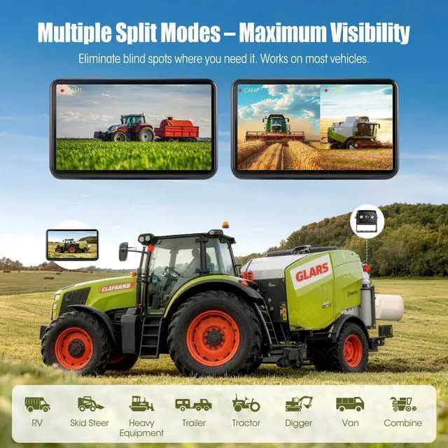 Alt view image 7 of 7 - 1080P Wired Backup Camera System for Skid Steer, 7" DVR IPS Touchscreen with AHD IP69K Water/Dust Proof Rear Camera, Vibration-Proof 20G for Hitching, Farm Work, UTV, Tractor, Truck, Combine