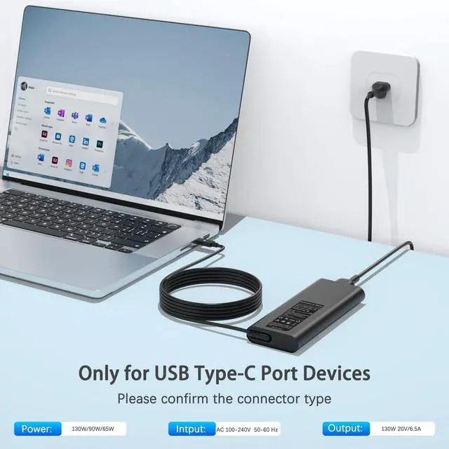 Alt view image 2 of 6 - 130W USB C Laptop Charger Compatible with Dell 90W 65W XPS 15 16 17 9500 9510 9520 9530 9575 2-in-1 9640 9710 9720 9730, Precision 3470 3480 3540 3570 3580 5480 5550 5560, Latitude Power Adapter