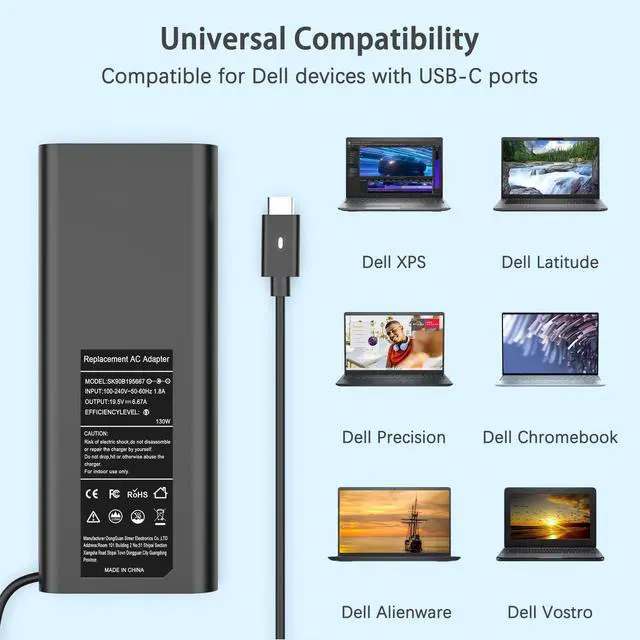 Alt view image 6 of 6 - 130W USB C Laptop Charger Compatible with Dell 90W 65W XPS 15 16 17 9500 9510 9520 9530 9575 2-in-1 9640 9710 9720 9730, Precision 3470 3480 3540 3570 3580 5480 5550 5560, Latitude Power Adapter