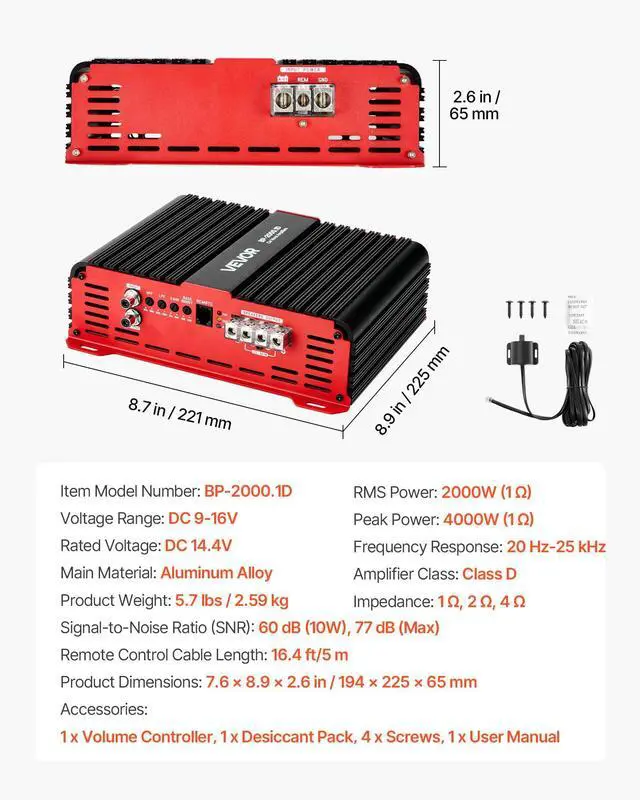 Alt view image 7 of 7 - Monoblock Car Amplifier, 2000W RMS MAX, 1/2/4 Ohm Stable, 1-Channel Class D Car Audio Amplifier with Remote Subwoofer Level Control, Low Pass Filter and Bass Boost, Volume Controller Included