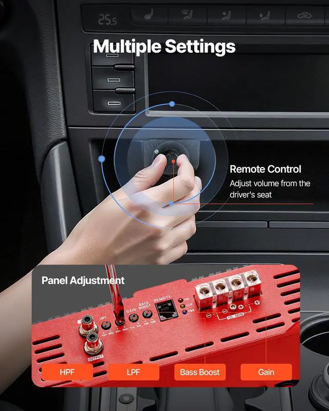 Alt view image 4 of 7 - Monoblock Car Amplifier, 2000W RMS MAX, 1/2/4 Ohm Stable, 1-Channel Class D Car Audio Amplifier with Remote Subwoofer Level Control, Low Pass Filter and Bass Boost, Volume Controller Included