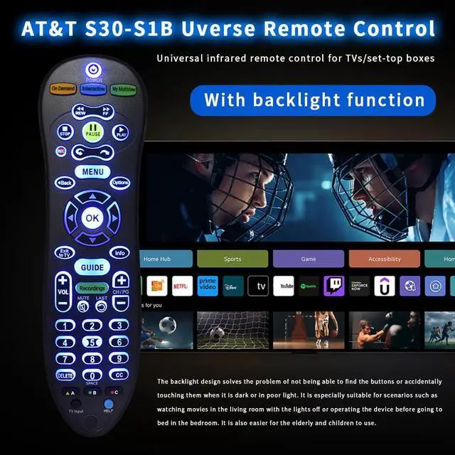 Alt view image 5 of 7 - S30 S30-S1B Remote for AT&T U-Verse Receiver | S30 Remote Replacement with U-Verse Receiver Cable Box ISB7005 ISB7000, Remote with Backlit Function