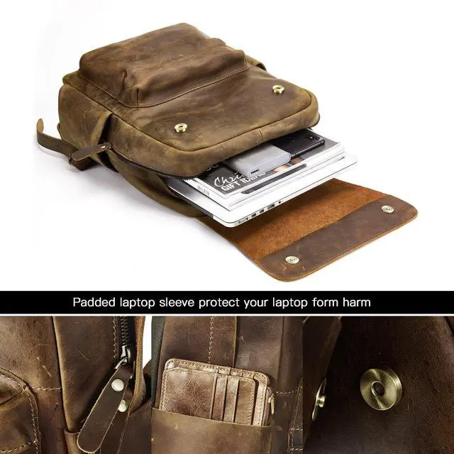 Alt view image 5 of 7 - Leather Rucksack Backpack for Men Women Casual Travel Daypack 15.6 inch Laptop Bookbag