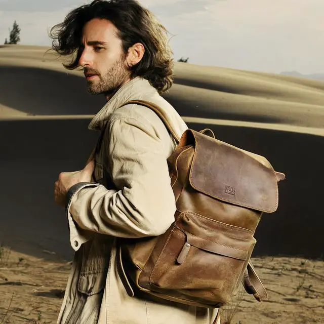 Alt view image 6 of 7 - Leather Rucksack Backpack for Men Women Casual Travel Daypack 15.6 inch Laptop Bookbag