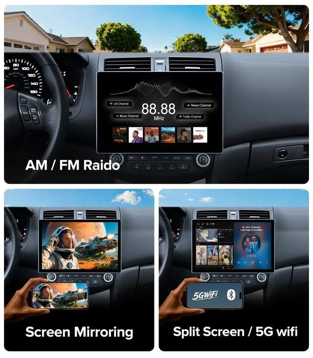Alt view image 6 of 7 - 11.5'' Car Radio for Honda Accord 7th Stereo 2003-2007 | Wireless CarPlay & Android Auto,4GB RAM 64GB ROM,Android 13.0,5G WiFi,Bluetooth 5.4,FM/AM radio,HD Touch Screen,GPS/SWC