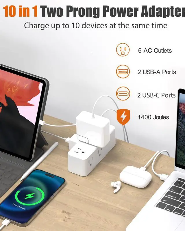 Alt view image 4 of 7 - 10FT 2 Prong Power Strip, 2 Prong to 3 Prong Outlet Adapter | 1400J Two Prong Surge Protector, 10ft Extension Cord, 6 AC with 2 USB C and 2 USB A, Wall Mountable, Ideal for Old House