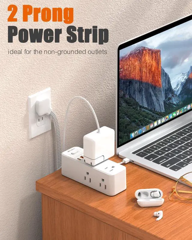 Alt view image 2 of 7 - 10FT 2 Prong Power Strip, 2 Prong to 3 Prong Outlet Adapter | 1400J Two Prong Surge Protector, 10ft Extension Cord, 6 AC with 2 USB C and 2 USB A, Wall Mountable, Ideal for Old House
