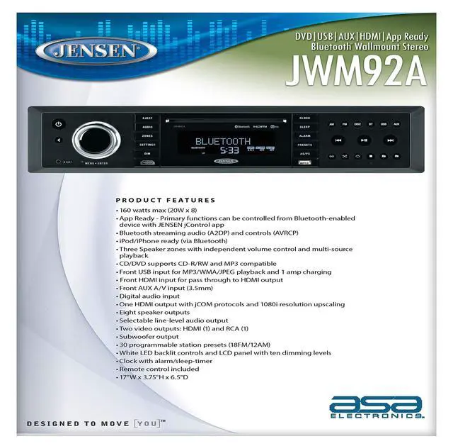 Alt view image 2 of 3 - JWM92A 3-Speaker Zones Slimline Theater-Style DVD|USB|AUX|HDMI|App Ready Bluetooth Wallmount Stereo, Speaker Output 20X 8 Watt, Plays: CD/CD-R/CD-RW/DVD/DVD+R/DVD+RW/DVD-R/DVD-RW/MP3/WMA/JPEG