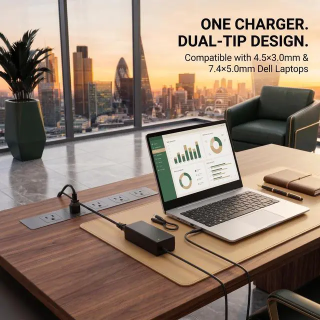 Alt view image 2 of 7 - 65W Laptop Charger Compatible with Dell Inspiron Latitude, 4.5mm/7.4mm | 65W Adapter with 4.5mm & 7.4mm Dual Tips. Compatible with Dell Inspiron, Latitude & Vostro. 9FT Cord, Supports 45W