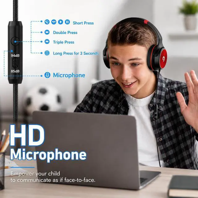 Alt view image 6 of 7 - Kids Headphones with Safe 85dB/94dB Volume Limiter for Teen and Boys, Foldable HD Stereo Sound Headset for Kindle Kids/fire Tablet/iPad/Laptop, Headphones with Microphone (Black-red)