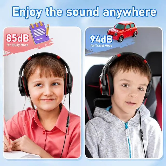 Alt view image 7 of 7 - Kids Headphones with Safe 85dB/94dB Volume Limiter for Teen and Boys, Foldable HD Stereo Sound Headset for Kindle Kids/fire Tablet/iPad/Laptop, Headphones with Microphone (Black-red)