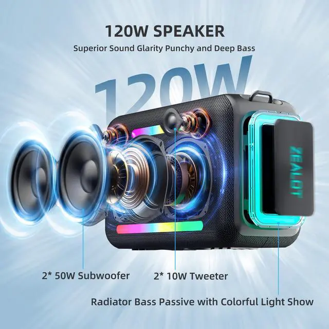 Alt view image 2 of 7 - 120W RMS(150W Peak) Bluetooth Speaker, Portable Wireless Speakers IPX6 Waterproof Loud Bluetooth Subwoofer Speaker with LED Light, 40H Playtime, Custom EQ, Stereo TWS Pairing for Outdoor, Party