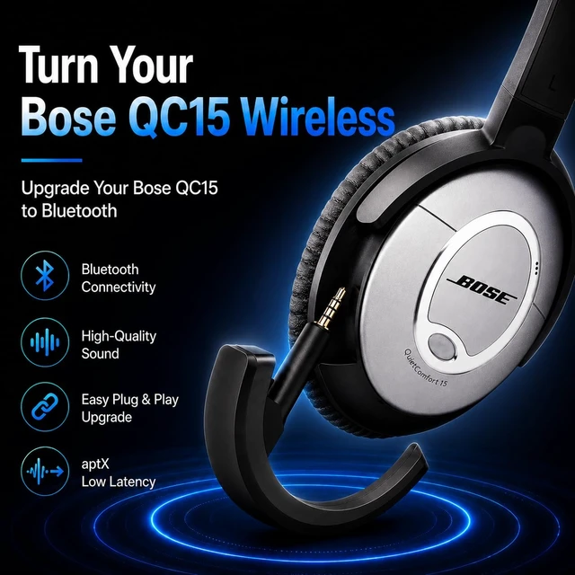 Alt view image 2 of 7 - Bluetooth Adapter for Bose QuietComfort 15, Black Add Bluetooth Audio to Bose QC15 Headphones, with AptX Support, Builtin Microphone & Volume Controls