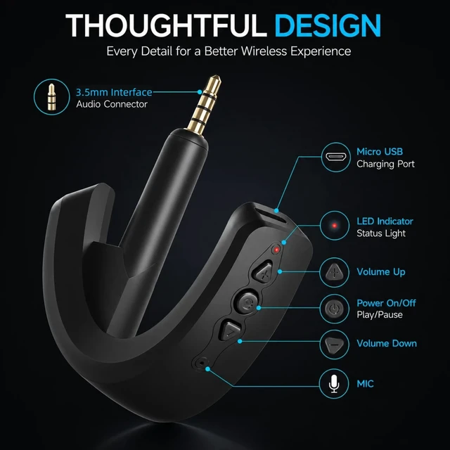 Alt view image 4 of 7 - Bluetooth Adapter for Bose QuietComfort 15, Black Add Bluetooth Audio to Bose QC15 Headphones, with AptX Support, Builtin Microphone & Volume Controls
